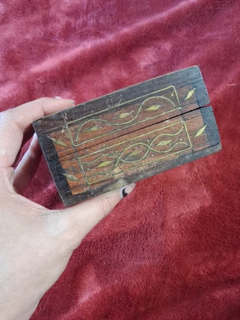Vintage Hand-Carved Wooden Jewelry Box in Brown with Gold Trim And Brass Inlays